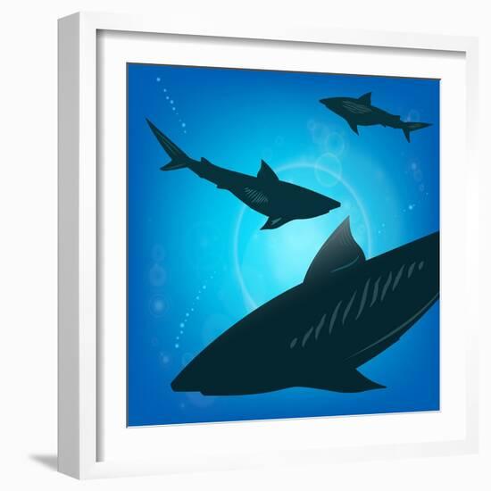 Sharks under Water. Fish in Ocean, Animal Nature Life, Swimming Wildlife, Vector Illustration-Zhukov-Framed Art Print