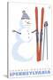 Shawnee Mountain, Pennsylvania, Snowman with Skis-Lantern Press-Stretched Canvas