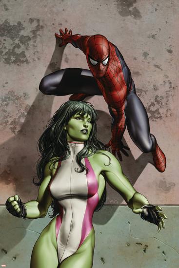 She-Hulk No.4 Cover: She-Hulk and Spider-Man-Adi Granov-Lamina Framed Poster