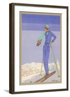 She Pauses Before Embarking on the Piste in Her Elegant Ski Costume-Zeilinger-Framed Art Print