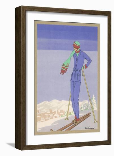 She Pauses Before Embarking on the Piste in Her Elegant Ski Costume-Zeilinger-Framed Art Print