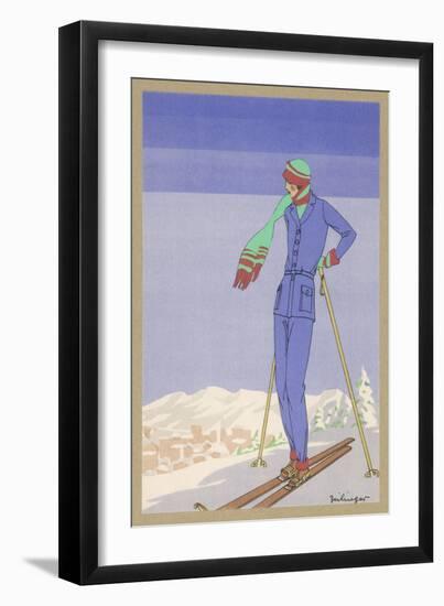 She Pauses Before Embarking on the Piste in Her Elegant Ski Costume-Zeilinger-Framed Art Print