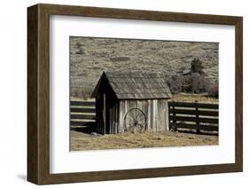 Shed and wheel, James Cant Ranch, John Day Fossil Beds, Oregon, USA-Michel Hersen-Framed Photographic Print