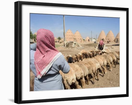 Sheep Being Milked in Front of Beehive Houses Built of Brick and Mud, Srouj Village, Syria-Christian Kober-Framed Photographic Print