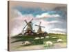 Sheep Grazing near the Mill. Beautiful Clouds in the Sky. Rustic Dutch Landscape. Netherlands Villa-Svetlana Shishkanova-Stretched Canvas