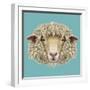 Sheep Portrait. Illustrated Portrait of Ram or Sheep on Blue Background.-ant_art-Framed Art Print