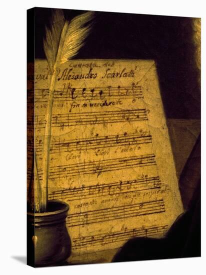 Sheet Music of the Sonata Fin Che M'Ucciderete, Detail from a Portrait of Alessandro Scarlatti-null-Stretched Canvas