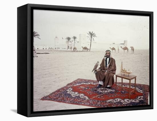 Sheikh Shakhbut Bin Sultan Al Nahyan Sitting in Front of His Palace Holding a Falcon, 1963-Ralph Crane-Framed Stretched Canvas