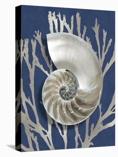 Shell Coral Silver on Blue II-Caroline Kelly-Stretched Canvas