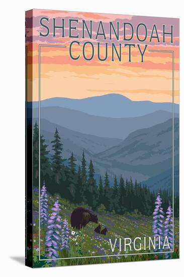 Shenandoah County, Virginia - Bears and Spring Flowers-Lantern Press-Stretched Canvas