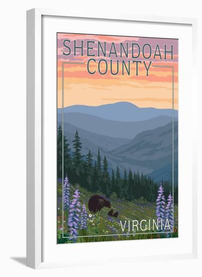 Shenandoah County, Virginia - Bears and Spring Flowers-Lantern Press-Framed Art Print