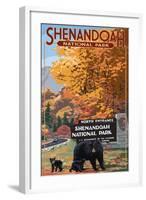 Shenandoah National Park, Virginia - Black Bear and Cubs at Entrance-Lantern Press-Framed Art Print