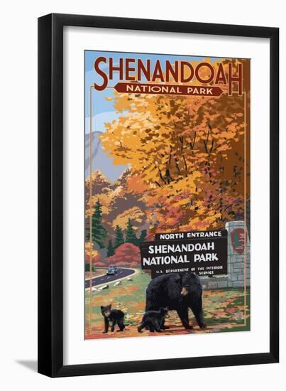Shenandoah National Park, Virginia - Black Bear and Cubs at Entrance-Lantern Press-Framed Art Print