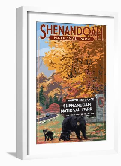 Shenandoah National Park, Virginia - Black Bear and Cubs at Entrance-Lantern Press-Framed Art Print