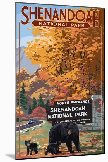 Shenandoah National Park, Virginia - Black Bear and Cubs at Entrance-Lantern Press-Mounted Art Print