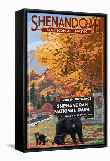 Shenandoah National Park, Virginia - Black Bear and Cubs at Entrance-Lantern Press-Framed Stretched Canvas