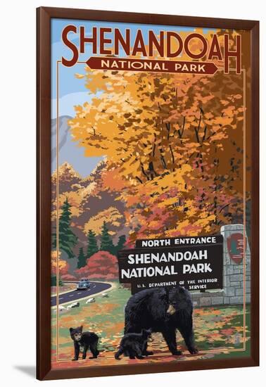 Shenandoah National Park, Virginia - Black Bear and Cubs at Entrance-Lantern Press-Framed Art Print