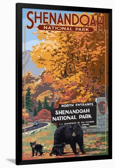 Shenandoah National Park, Virginia - Black Bear and Cubs at Entrance-Lantern Press-Framed Art Print