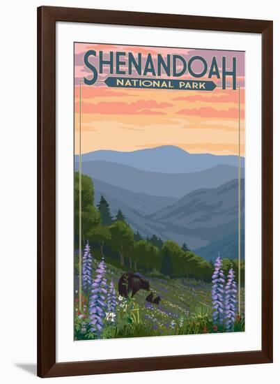 Shenandoah National Park, Virginia - Black Bear and Cubs Spring Flowers-Lantern Press-Framed Art Print