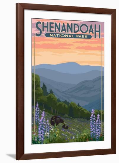 Shenandoah National Park, Virginia - Black Bear and Cubs Spring Flowers-Lantern Press-Framed Art Print