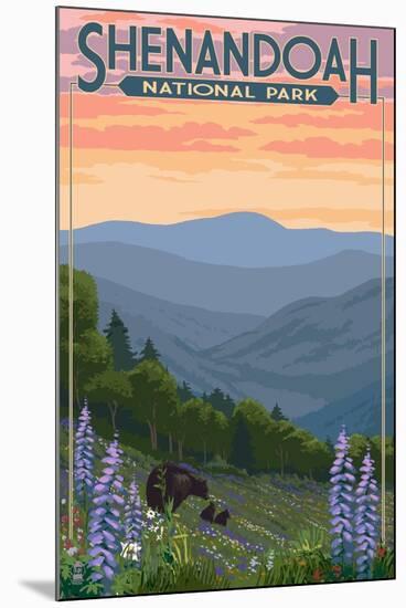 Shenandoah National Park, Virginia - Black Bear and Cubs Spring Flowers-Lantern Press-Mounted Art Print