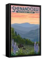 Shenandoah National Park, Virginia - Black Bear and Cubs Spring Flowers-Lantern Press-Framed Stretched Canvas