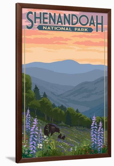 Shenandoah National Park, Virginia - Black Bear and Cubs Spring Flowers-Lantern Press-Framed Art Print