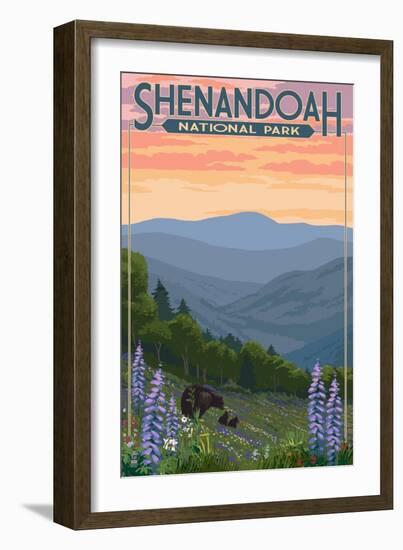 Shenandoah National Park, Virginia - Black Bear and Cubs Spring Flowers-Lantern Press-Framed Art Print