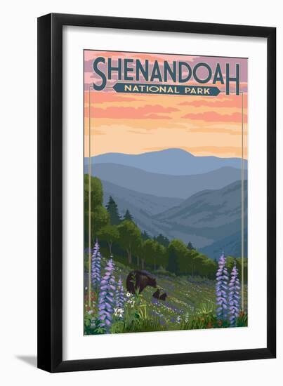 Shenandoah National Park, Virginia - Black Bear and Cubs Spring Flowers-Lantern Press-Framed Art Print