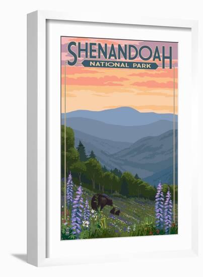 Shenandoah National Park, Virginia - Black Bear and Cubs Spring Flowers-Lantern Press-Framed Art Print