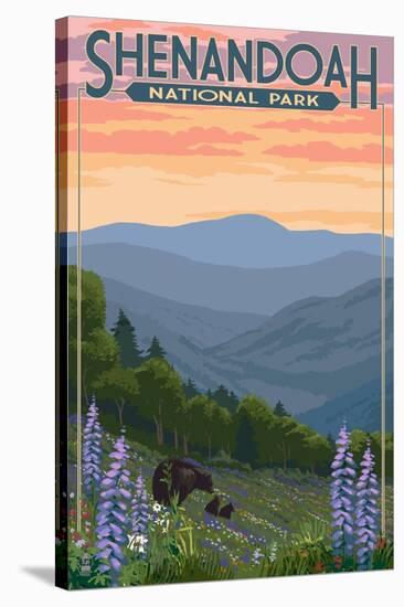 Shenandoah National Park, Virginia - Black Bear and Cubs Spring Flowers-Lantern Press-Stretched Canvas