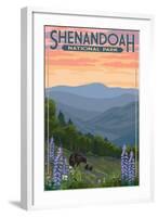 Shenandoah National Park, Virginia - Black Bear and Cubs Spring Flowers-Lantern Press-Framed Art Print