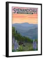 Shenandoah National Park, Virginia - Black Bear and Cubs Spring Flowers-Lantern Press-Framed Art Print