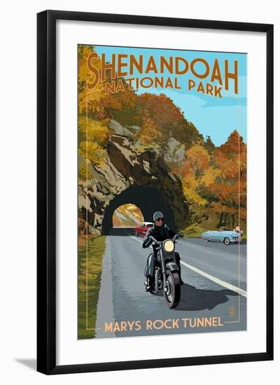 Shenandoah National Park, Virginia - Marys Rock Tunnel Motorcycle-Lantern Press-Framed Art Print