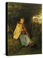 Shepherdess Knitting-Jean-François Millet-Stretched Canvas