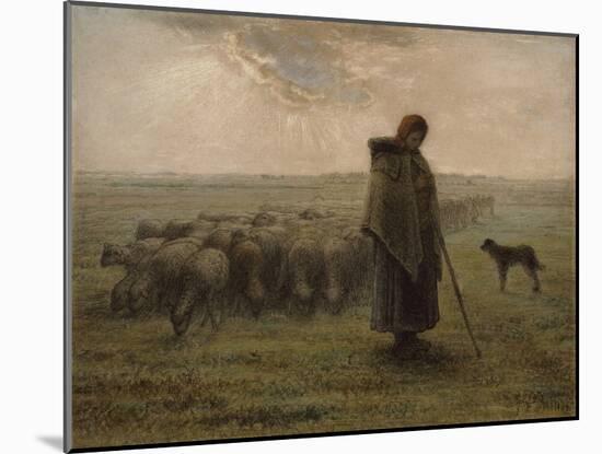 Shepherdess with her Flock, by Jean-François Millet,-Jean-François Millet-Mounted Art Print