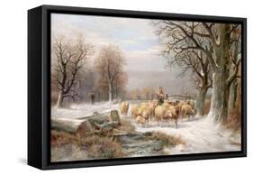 Shepherdess with Her Flock in a Winter Landscape-Alexis De Leeuw-Framed Stretched Canvas