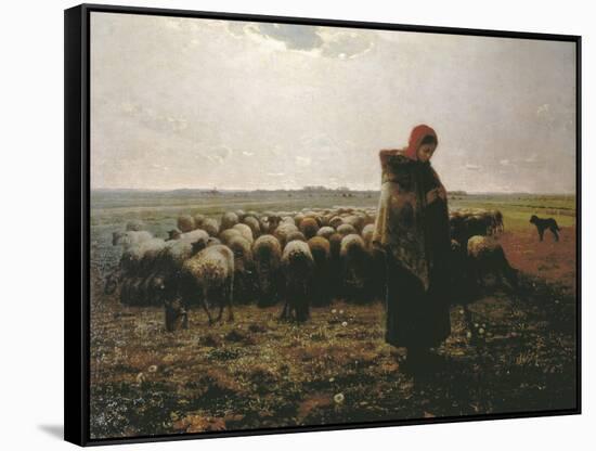 Shepherdess with Her Flock-Jean-François Millet-Framed Stretched Canvas