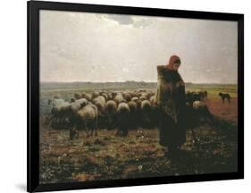 Shepherdess with Her Flock-Jean-François Millet-Framed Art Print