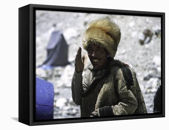 Sherpa at Everest Base Camp, Tibet-Michael Brown-Framed Stretched Canvas