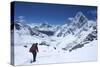 Sherpa Guide Walking over Cho La Pass with Ama Dablam on Left and Arakam Tse on Right Side-Peter Barritt-Stretched Canvas