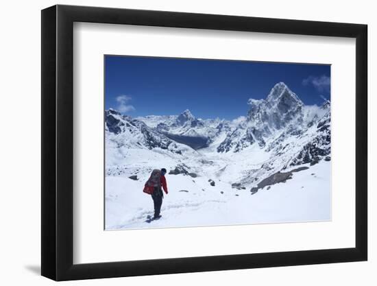 Sherpa Guide Walking over Cho La Pass with Ama Dablam on Left and Arakam Tse on Right Side-Peter Barritt-Framed Photographic Print