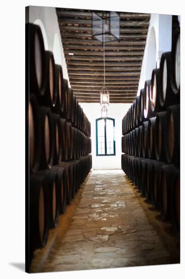 Sherry casks in a winery, Gonzalez Byass, Jerez De La Frontera, Cadiz Province, Andalusia, Spain-null-Stretched Canvas