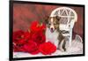 Shetland Sheepdog Sitting by a White Wicker Chair with Red Roses-Zandria Muench Beraldo-Framed Photographic Print