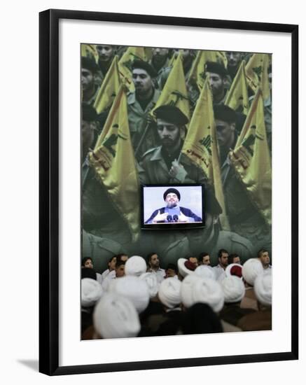 Shiite Cleric Men Listen to Hezbollah Leader Sheik Hassan Nasrallah Giving Speech, Beirut, Lebanon-null-Framed Photographic Print