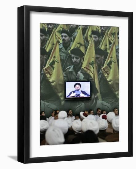 Shiite Cleric Men Listen to Hezbollah Leader Sheik Hassan Nasrallah Giving Speech, Beirut, Lebanon-null-Framed Photographic Print