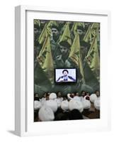 Shiite Cleric Men Listen to Hezbollah Leader Sheik Hassan Nasrallah Giving Speech, Beirut, Lebanon-null-Framed Photographic Print