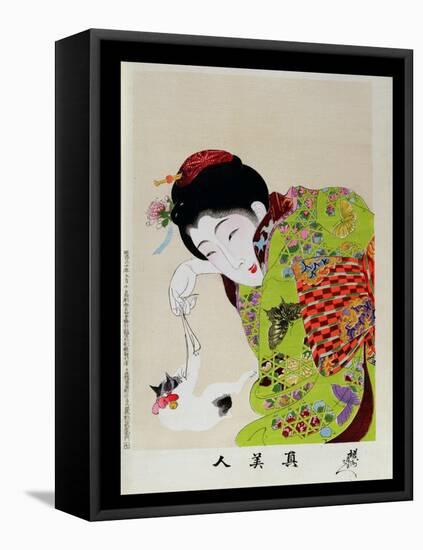 Shin Bijin (True Beauties) Depicting a Woman Playing with a Kitten, from a Series of 36, Modelled…-Toyohara Chikanobu-Framed Stretched Canvas