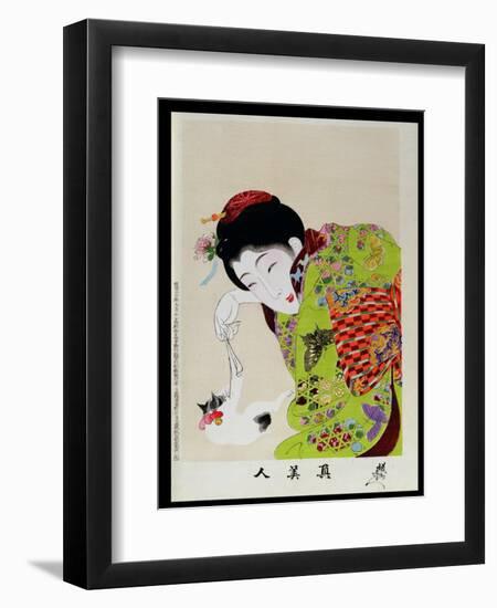 Shin Bijin (True Beauties) Depicting a Woman Playing with a Kitten, from a Series of 36, Modelled…-Toyohara Chikanobu-Framed Premium Giclee Print