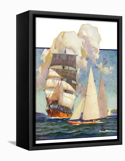 "Ship and Sailboats,"July 16, 1932-Gordon Grant-Framed Stretched Canvas